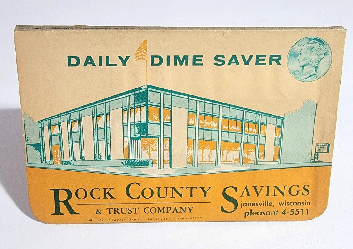 Vintage 1955 Rock County Savings & Trust Company Daily Dime Saver Cardboard 