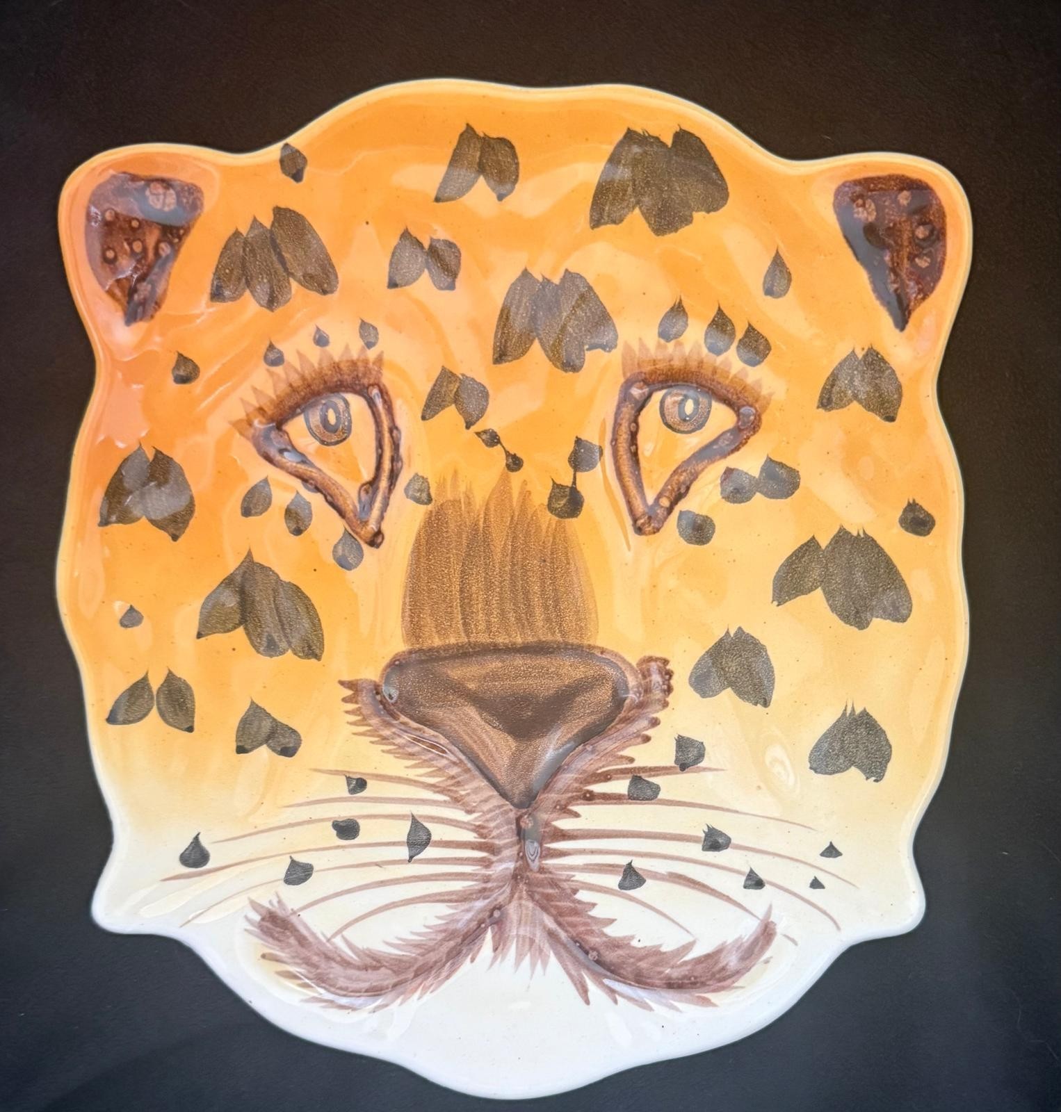 Vtg MCM 1960s Italian Ceramic Leopard Plate Hand Painted Face Dish Made in Italy