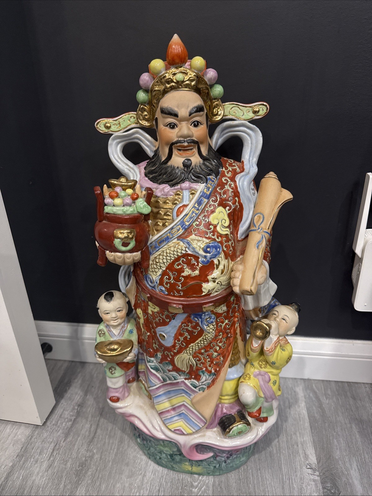 Vintage Chinese Porcelain God of Wealth Deity 21” Large Figurine w Attendants *