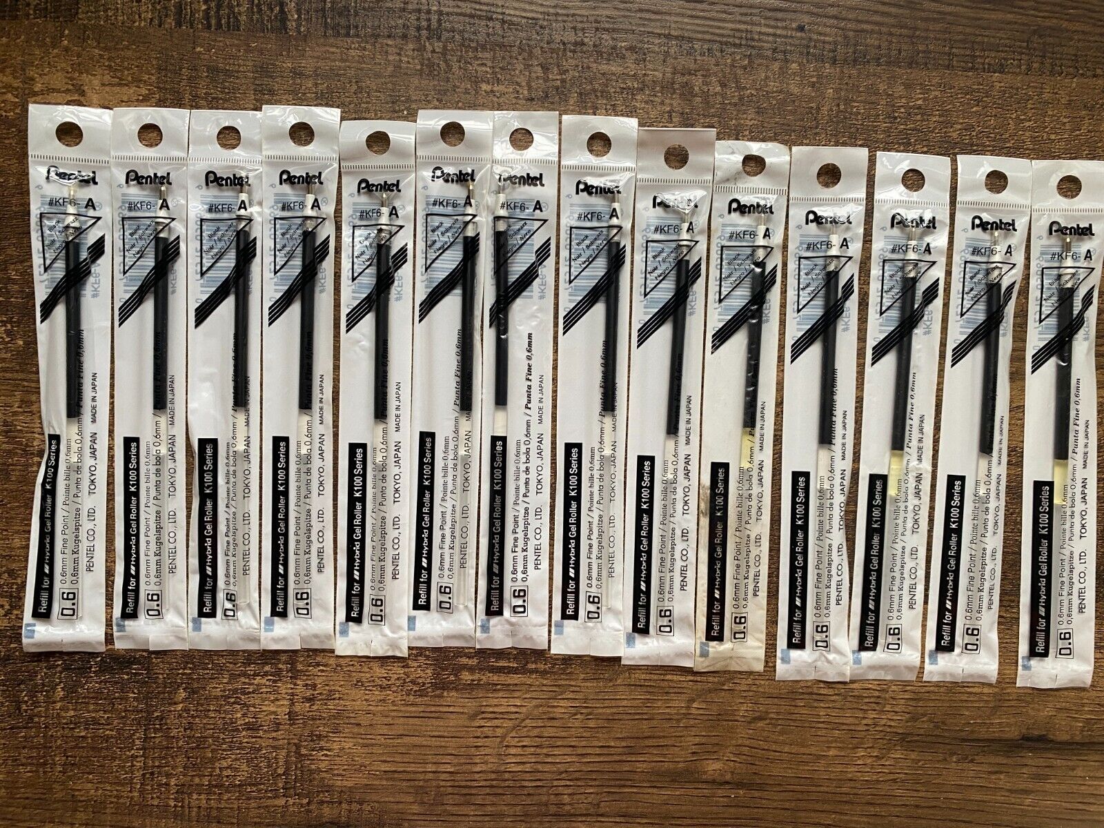 Lot of 14 Pentel Refill Ink Black .6mm #KF6-A - Hybrid  Gel Roller K100 - Japan