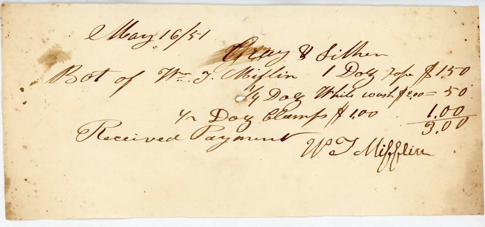 1851 Handwritten Receipt Signed Wm. J. Mifflin to Gregg & Silver Ropes Clamps