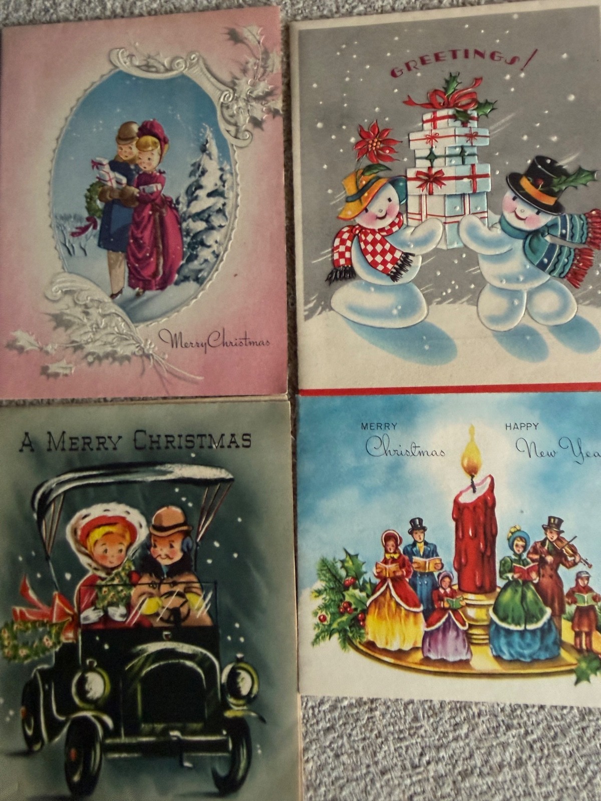 Lot of 4 Used Vintage Mid Century Christmas Cards 