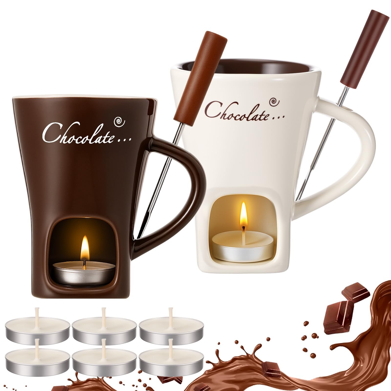 Honeydak Chocolate Fondue Mug with Fork ＆ Candle, 2 Set, Brown, White