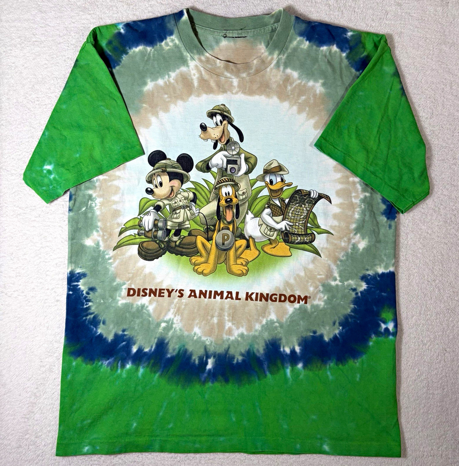 Vtg Disney Animal Kingdom Tie-Dye T-Shirt Mickey Goofy Pluto Donald, Green/Blue