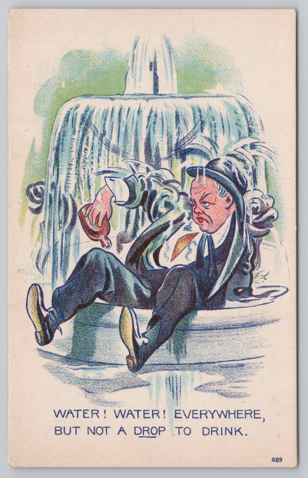 Pre-Linen Comic DRUNK MAN Falls into the Fountain 0902