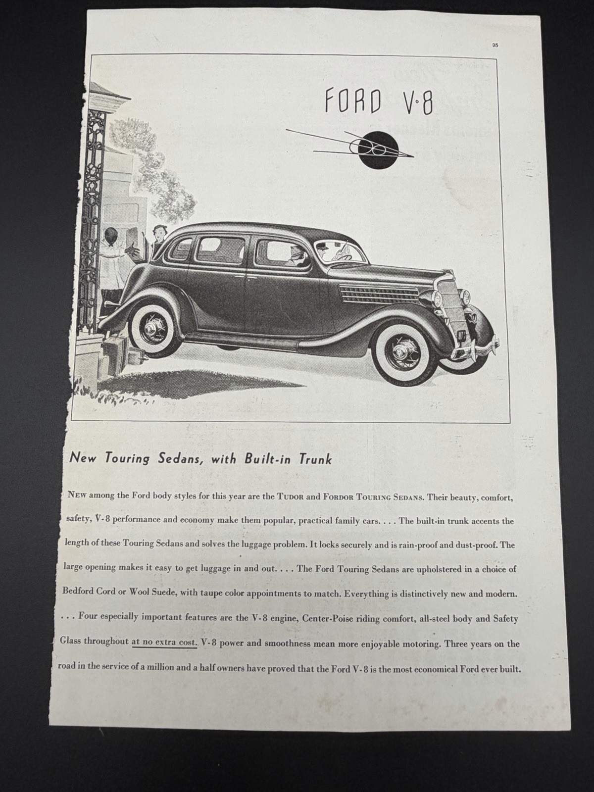 1935 Ford V8 Touring Sedan Original Vintage Magazine Ad Tudor Fordor Automobile