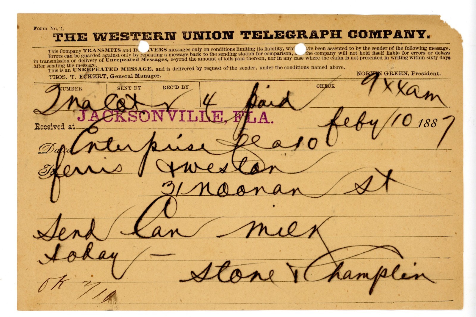 1887 Western Union Telegram Jacksonville FL Enterprise Send can milk today 1887 Western Union Telegram Jacksonville FL Enterprise Send can milk today