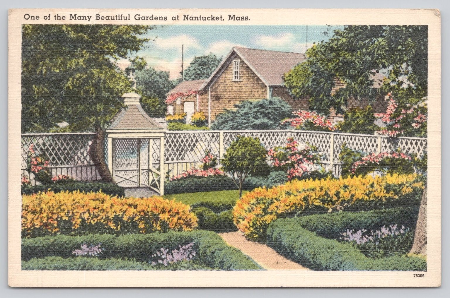Nantucket Mass. Beautiful Gardens Postcard 1930 Tichnor Bros. Postmarked