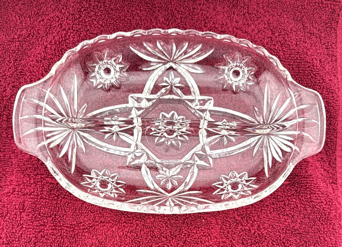 Vintage Relish Dish w/ Handles Clear Pressed Glass Oval Starburst Floral