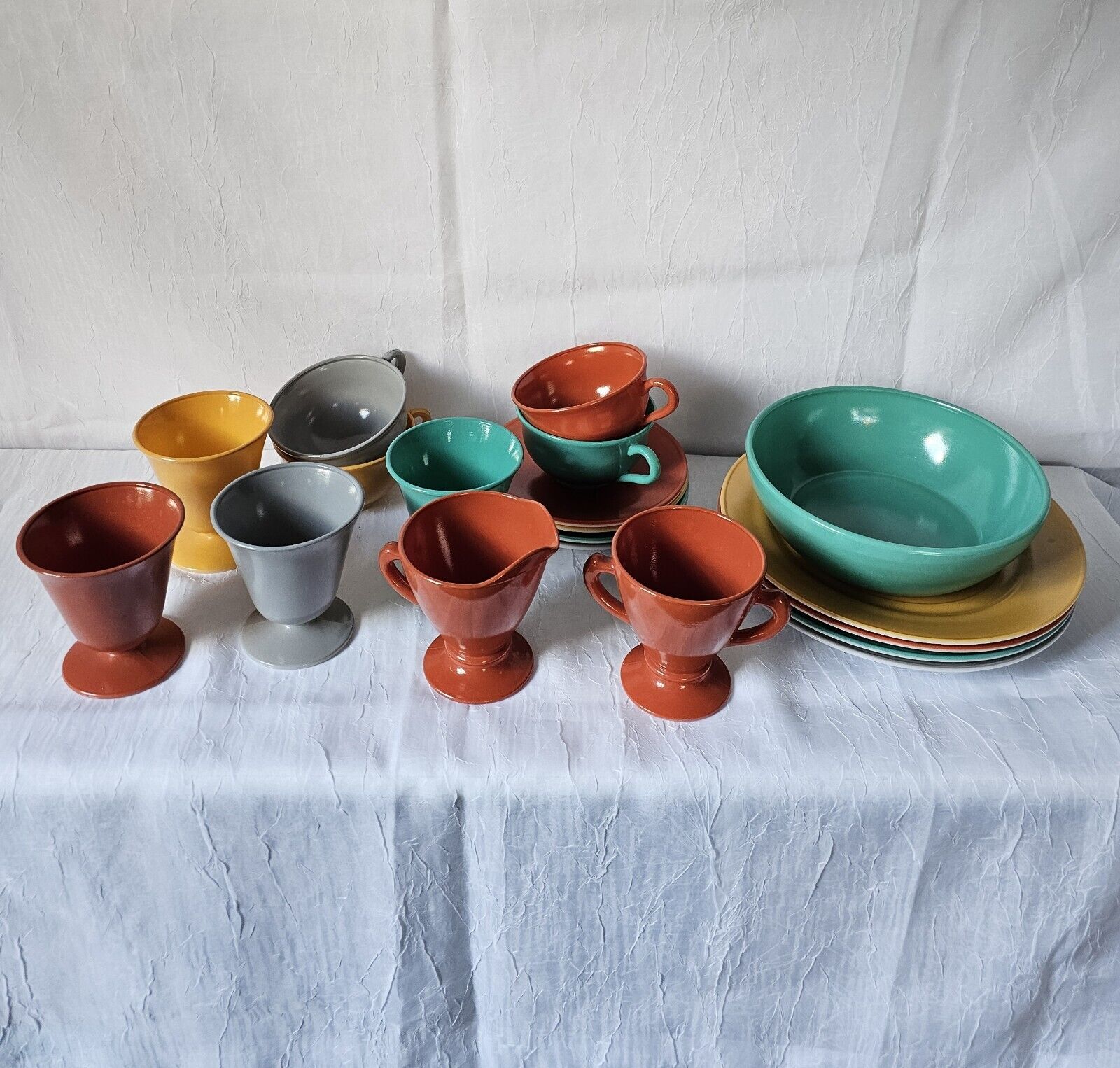 19 Pc Hazel Atlas Vintage Dishes 4 Colors Plates, Mug Tea Cup Saucer Bowl C&S