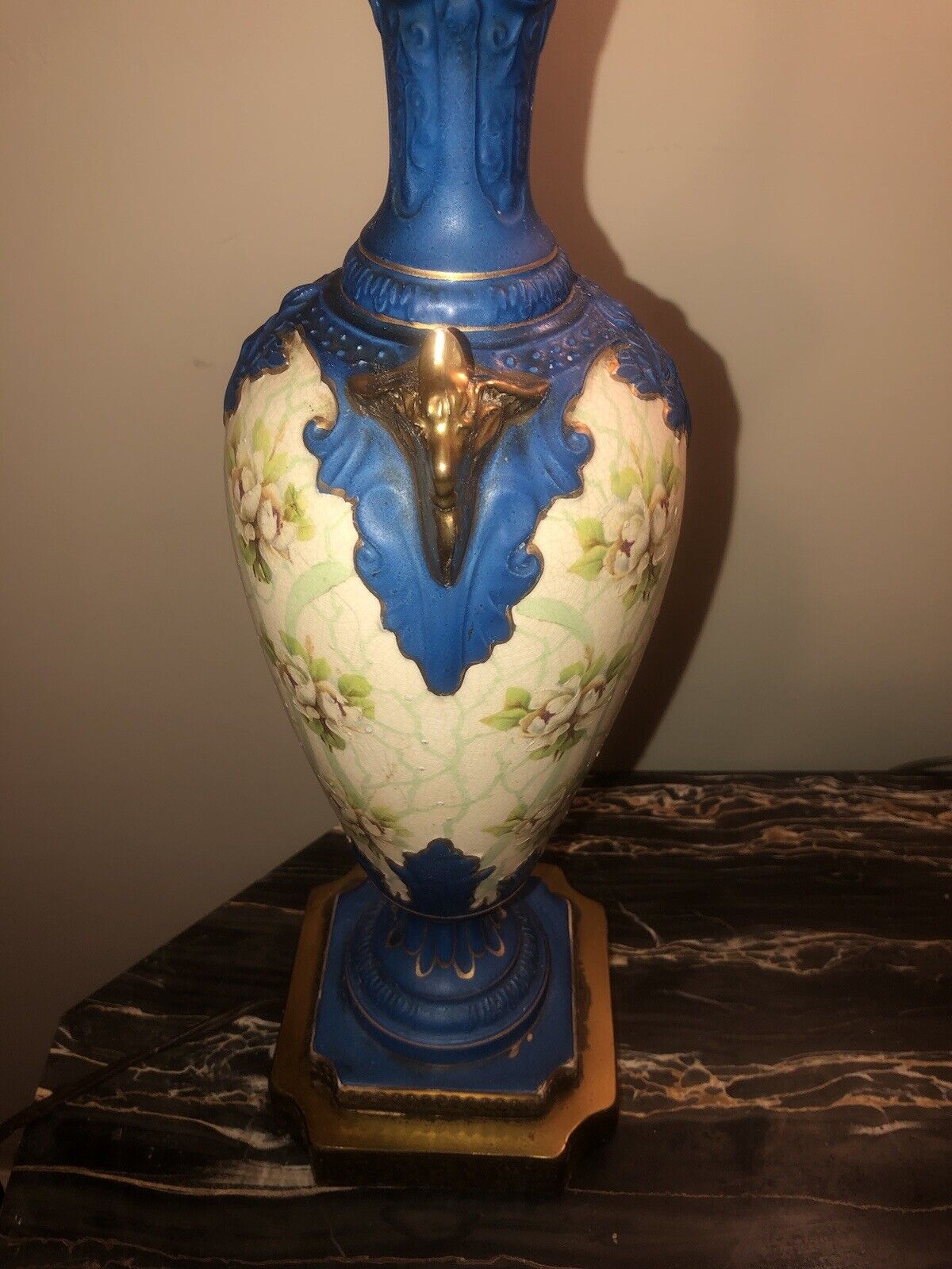 Antique Porcelain Lamp With Floral And Ram Head Detail