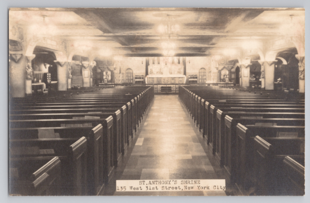 St. Anthony\'s Shrine NYC 1948 RPPC Postcard - 135 West 31st Street Interior