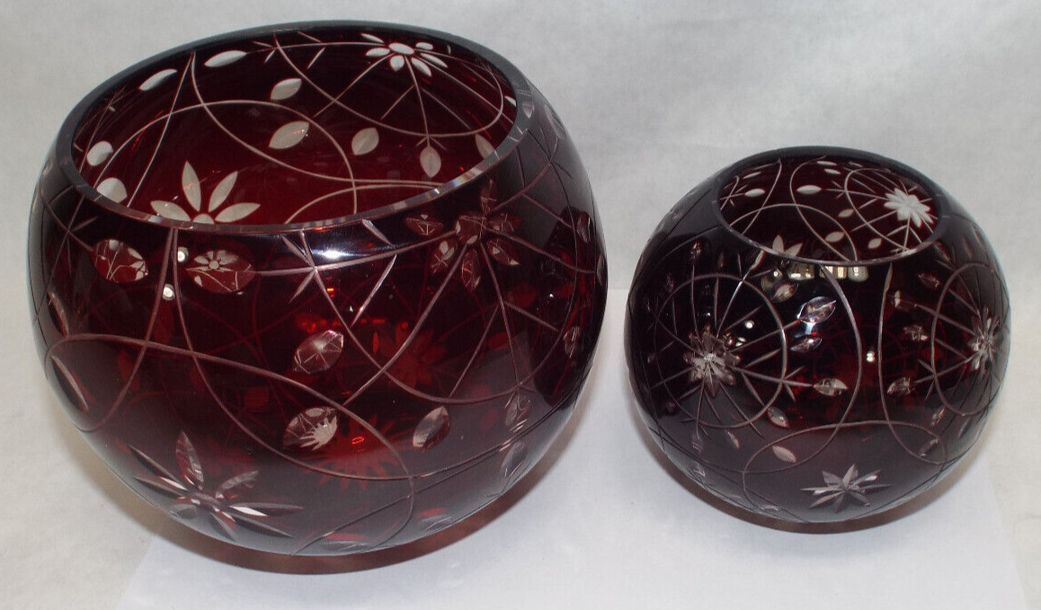 2 Mint Vintage Hand Made Ruby Red Bohemian Cut Crystal Art Glass Bowl Vase Set