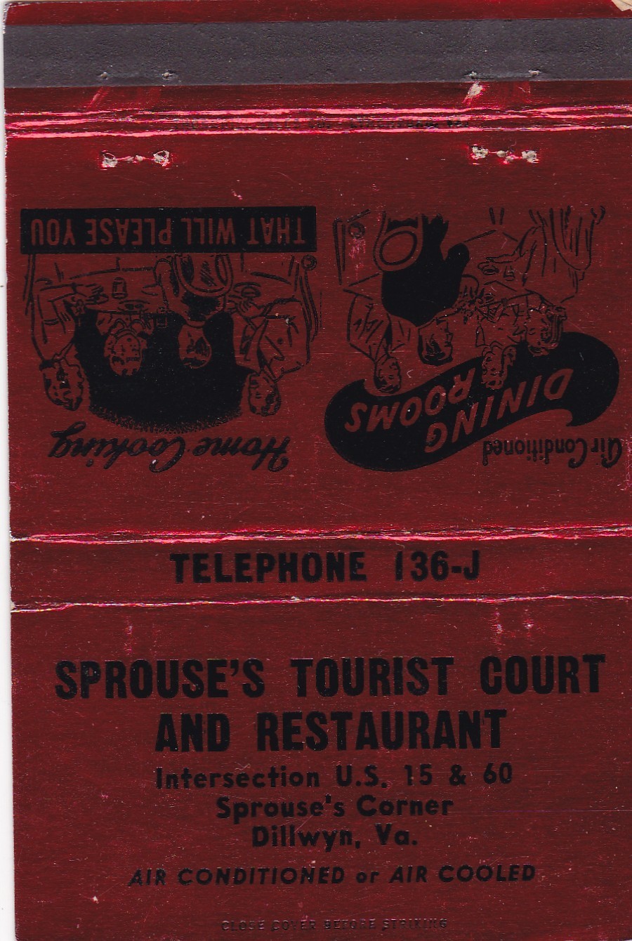 Sprouse\'s Tourist Court Motel & Restaurant Dillwyn Virginia Matchbook 1950\'s