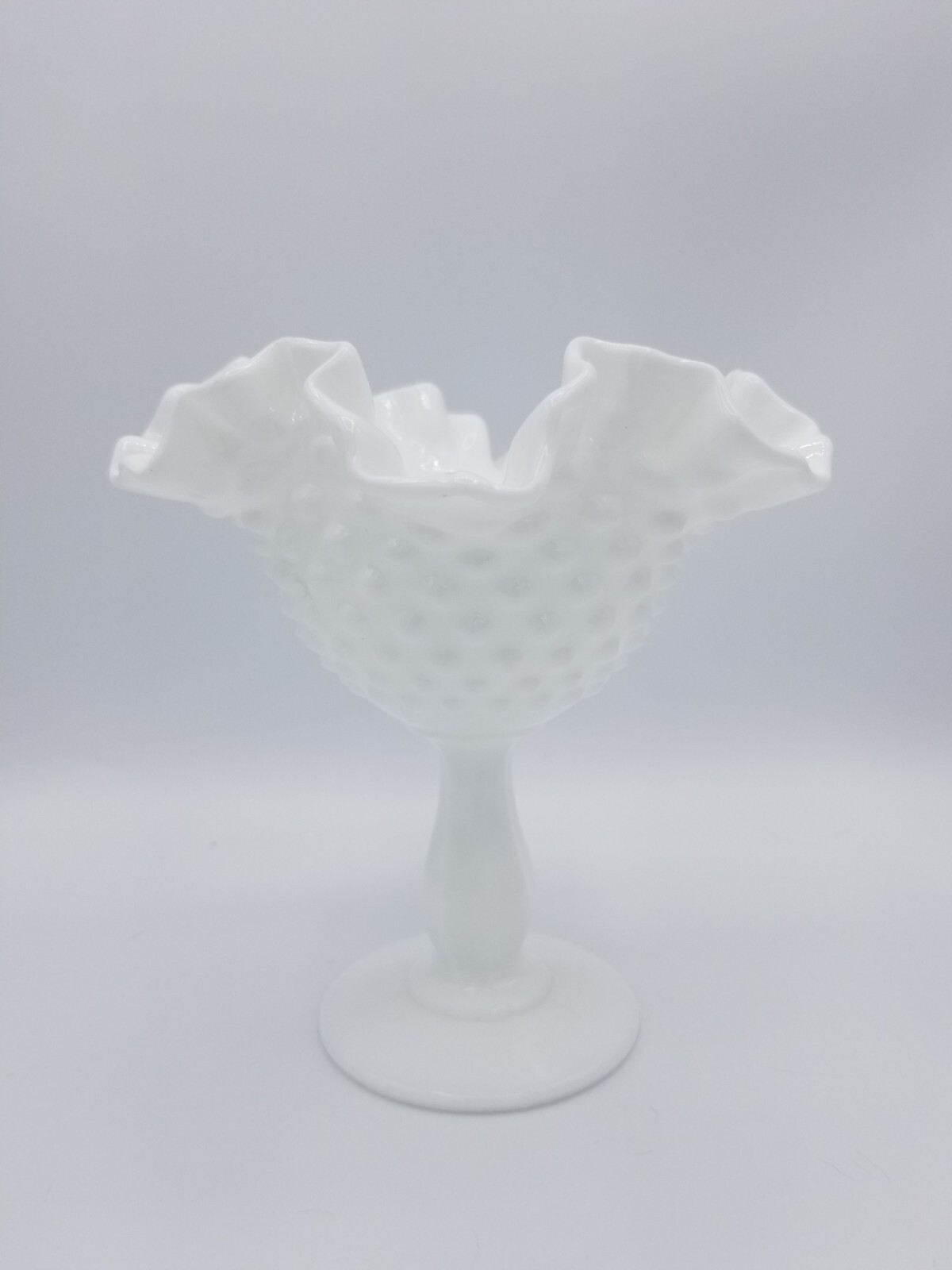 Vintage Footed Fenton Hobnail Milk Glass Compote Ruffled Edge Dish