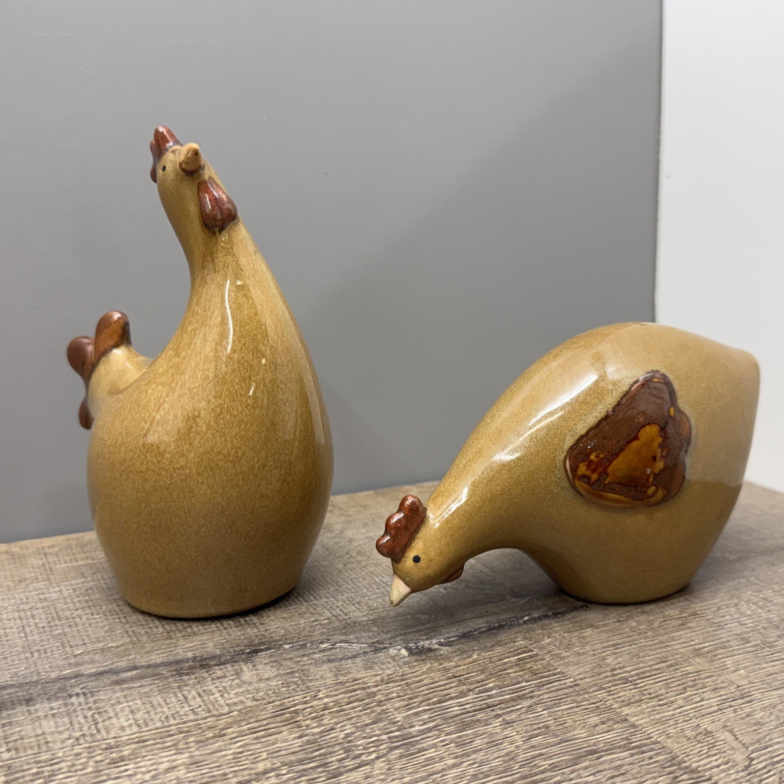 Vintage Glazed Ceramic Chicken Figurines Pair – Mid-Century Folk Art Hen Set