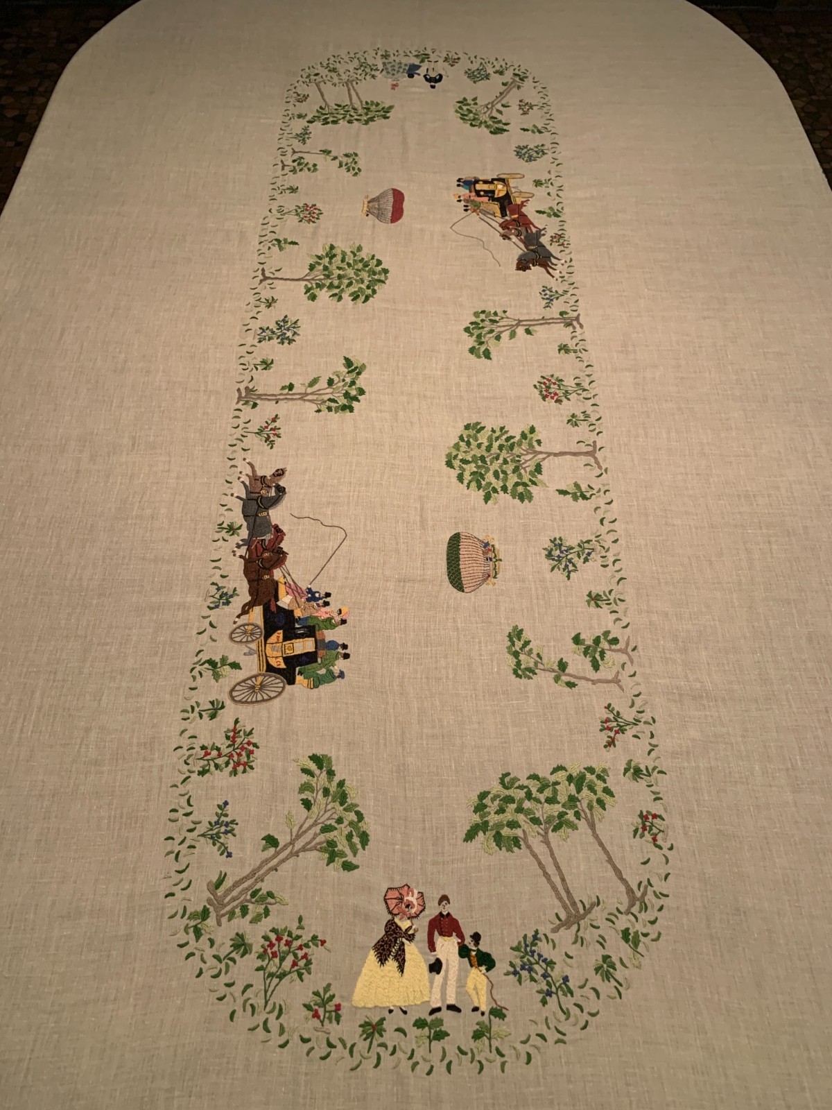 Vintage Tablecloth Rapisardi Embroidered Stagecoach Hot Air Balloons 10 ft. Rare