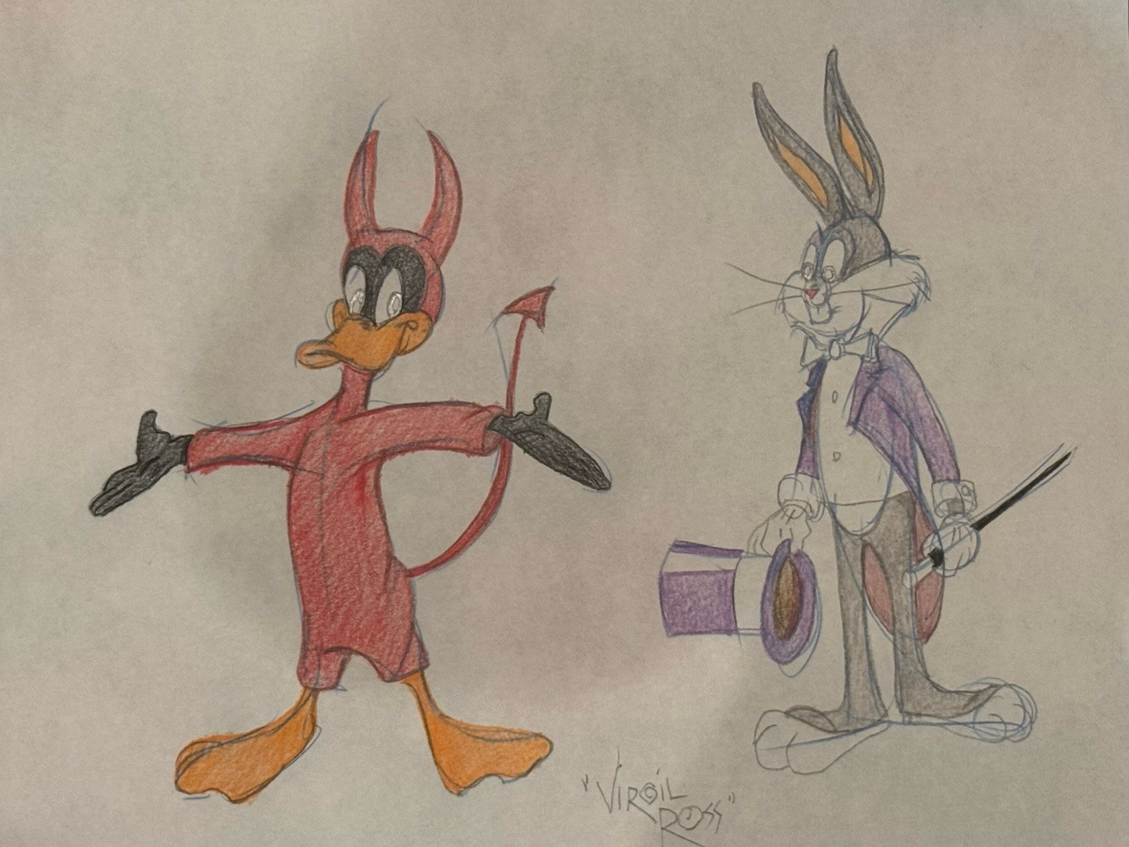 Bugs Bunny Daffy Duck Original Drawing Virgil Ross Signed Devil .