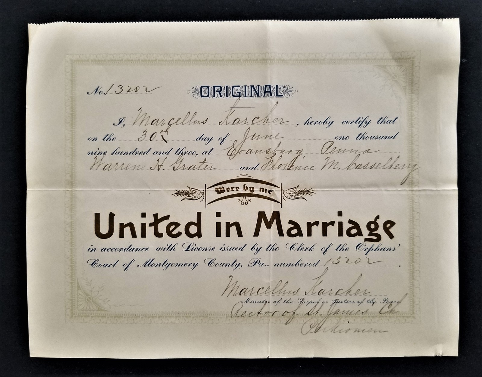 1903 antique WEDDING CERTIFICATE evansburg pa Warren GRATER Florence CASSELBERG