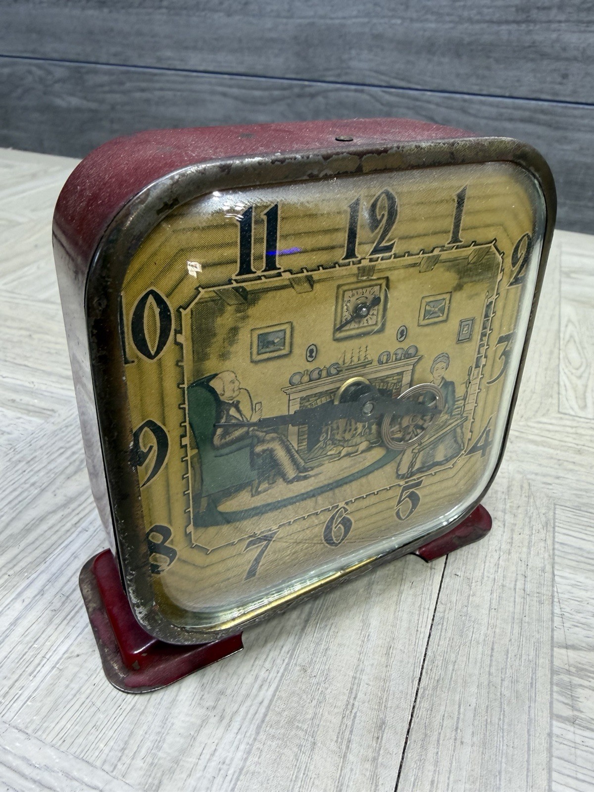 AS IS NON RUNNING Lux Animated Antique Metal Wind Alarm Clock Metal Red Art Deco AS IS NON RUNNING Lux Animated Antique Metal Wind Alarm Clock Metal Red Art Deco