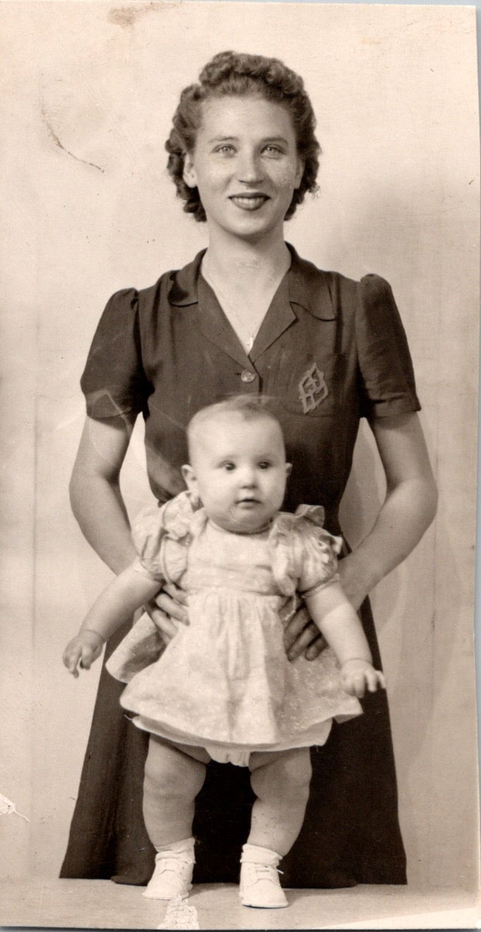 Vintage 1940s Black & White Photo Young Woman Holding Baby Portrait Sepia Tone