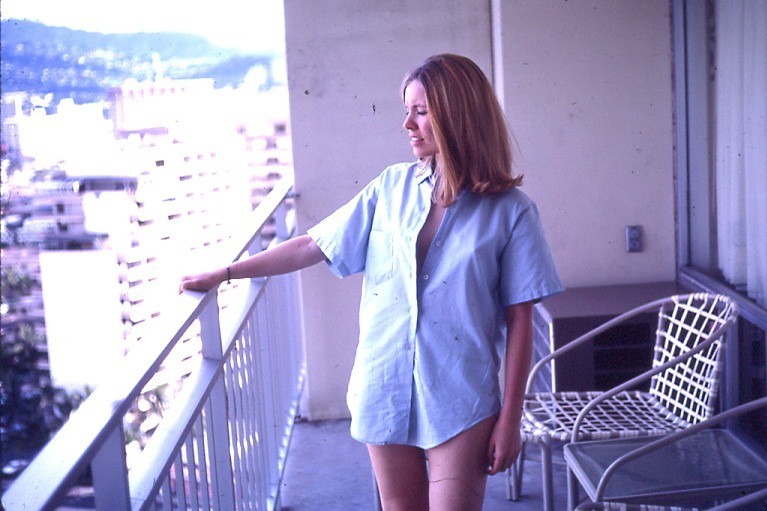 1968 Blonde Woman Men\'s Shirt Unbuttoned 1960s 35mm Slide ORIGINAL Balcony Legs
