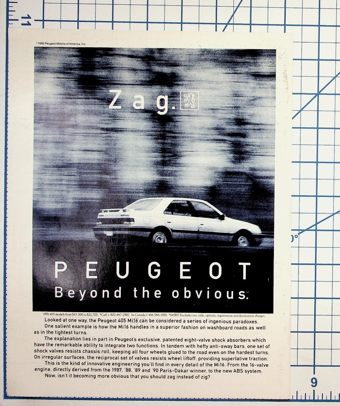 1990 Peugeot 405 Mi16 Zag Car Magazine Ad Vintage Print Ephemera