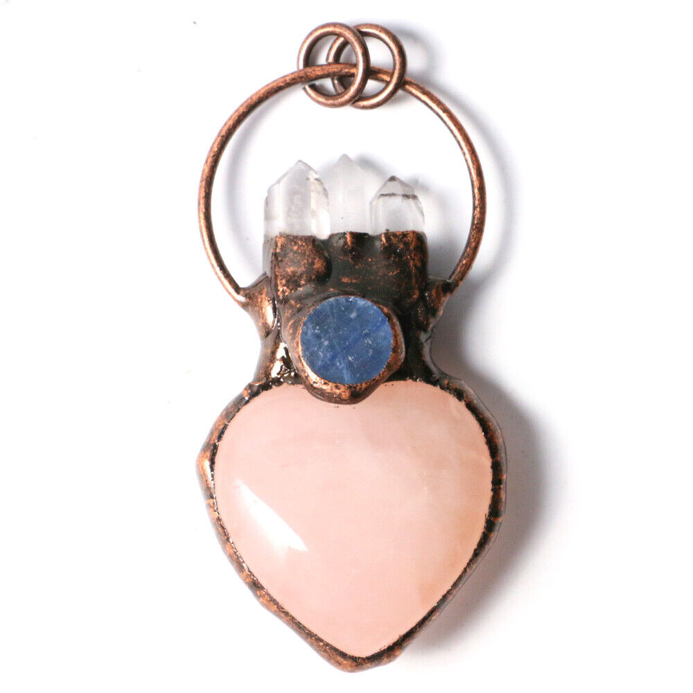 Natural Rose Quartz Crystal Heart Carved Pendant Clear Quartz Point Healing