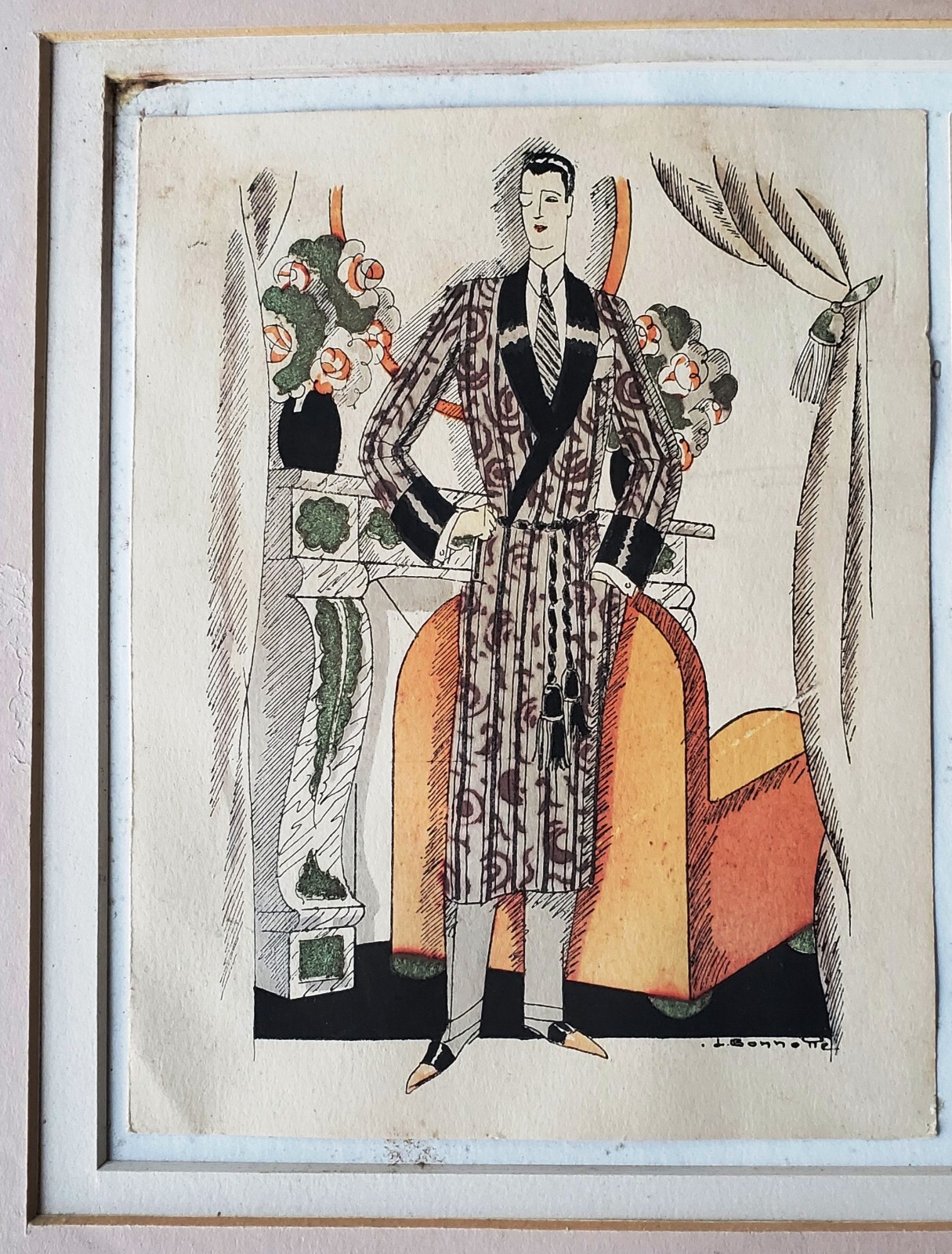 1920s Leon Bonnotte Fashion Pochoir Male Dandy Deco Robe Behrens & Blumgardt NY 1920s Leon Bonnotte Fashion Pochoir Male Dandy Deco Robe Behrens & Blumgardt NY