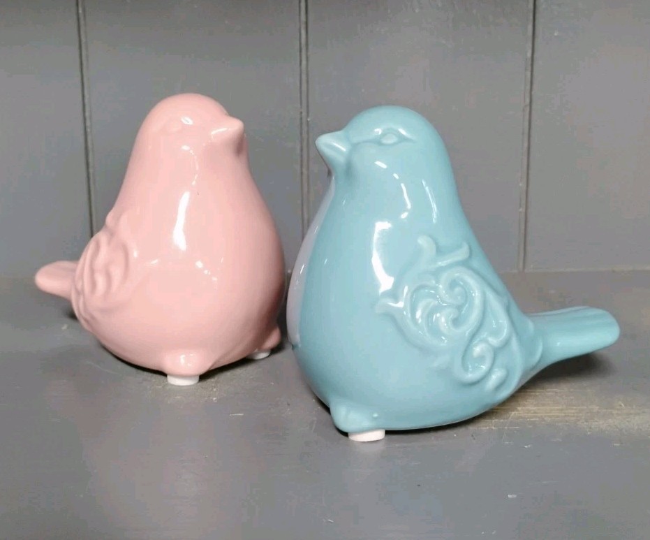 Pair Ceramic Birds Pink Blue Doves Baby Shower Decor Twins Girl Boy Siblings 