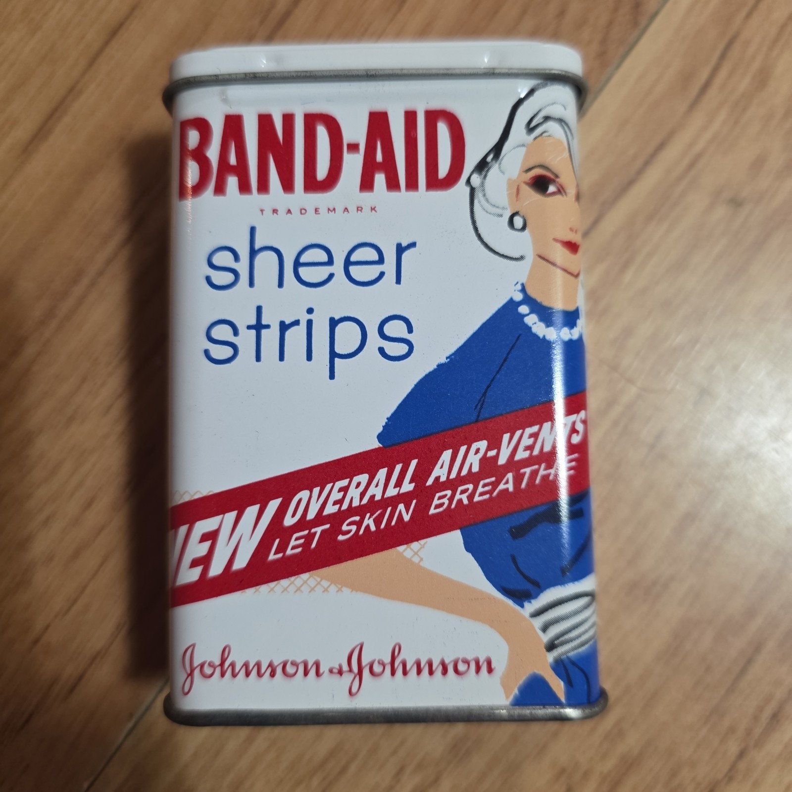 Vintage 1960s Band-Aid Sheer Strips Tin with Original Bandages J&J