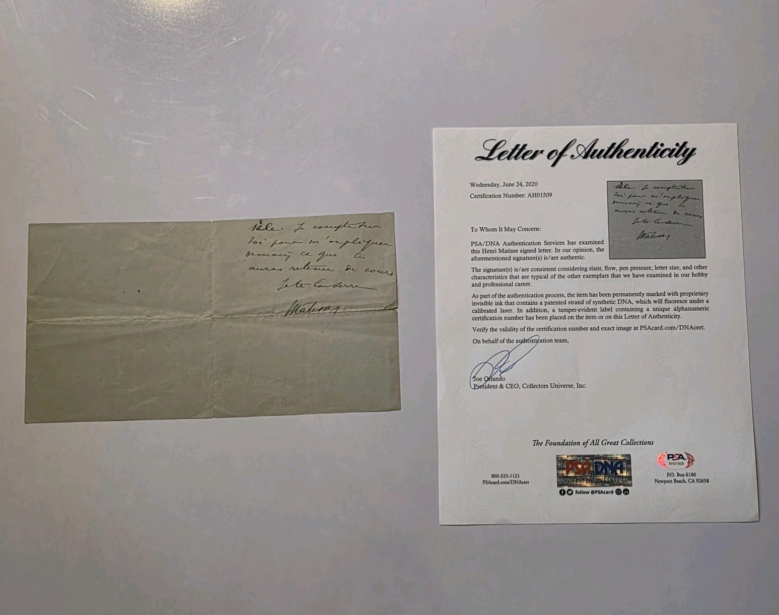 Henri Matisse PSA DNA Signed Autograph Letter Auto Artist Painter COA