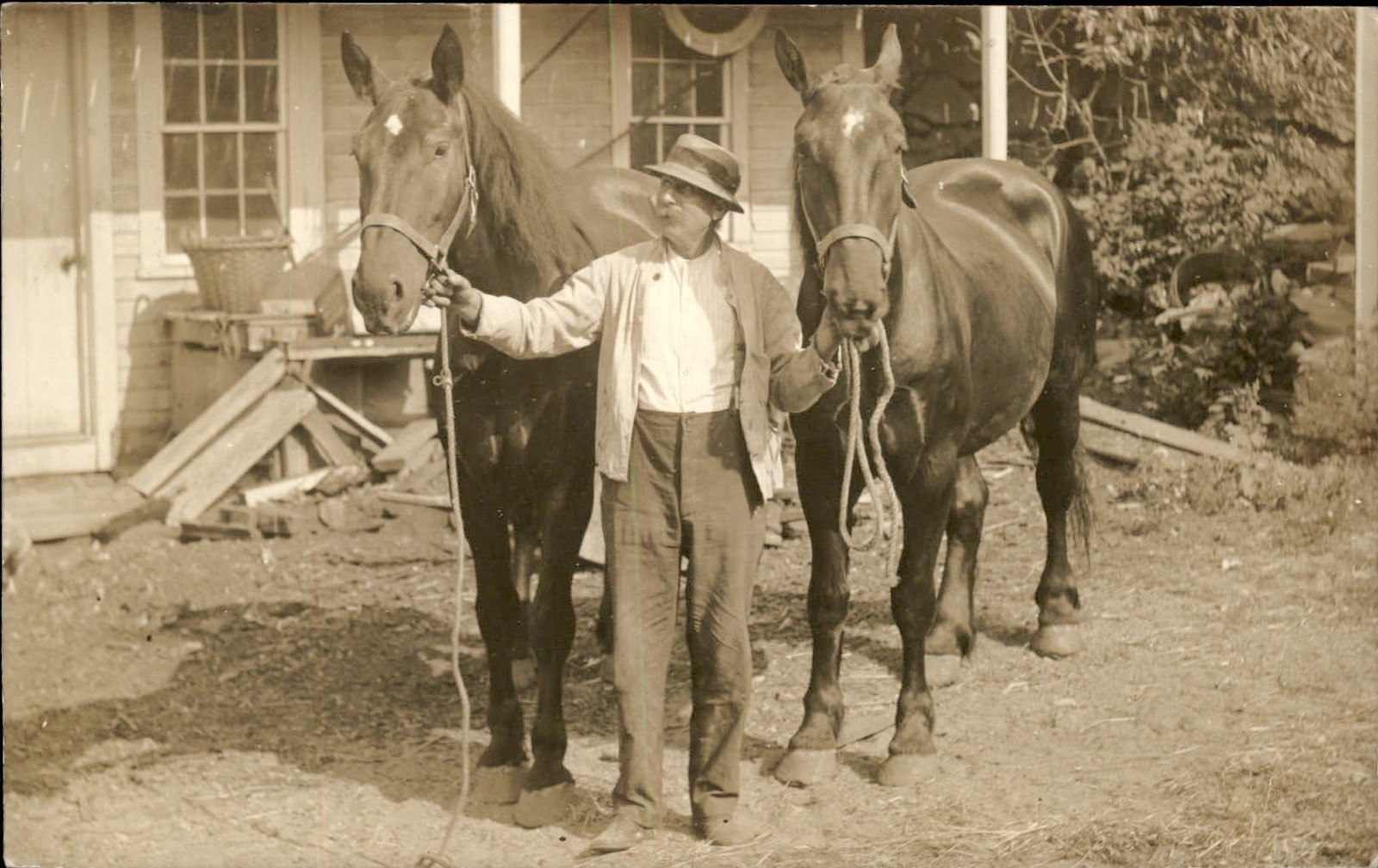 Ashland RI Postmark Scituate  Man with Two Horses c1913 Real Photo Postcard