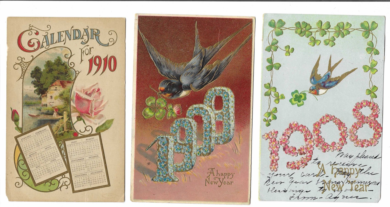 3x New Year's Postcard Lot 1908•1909•1910  All Posted In Fair Condition