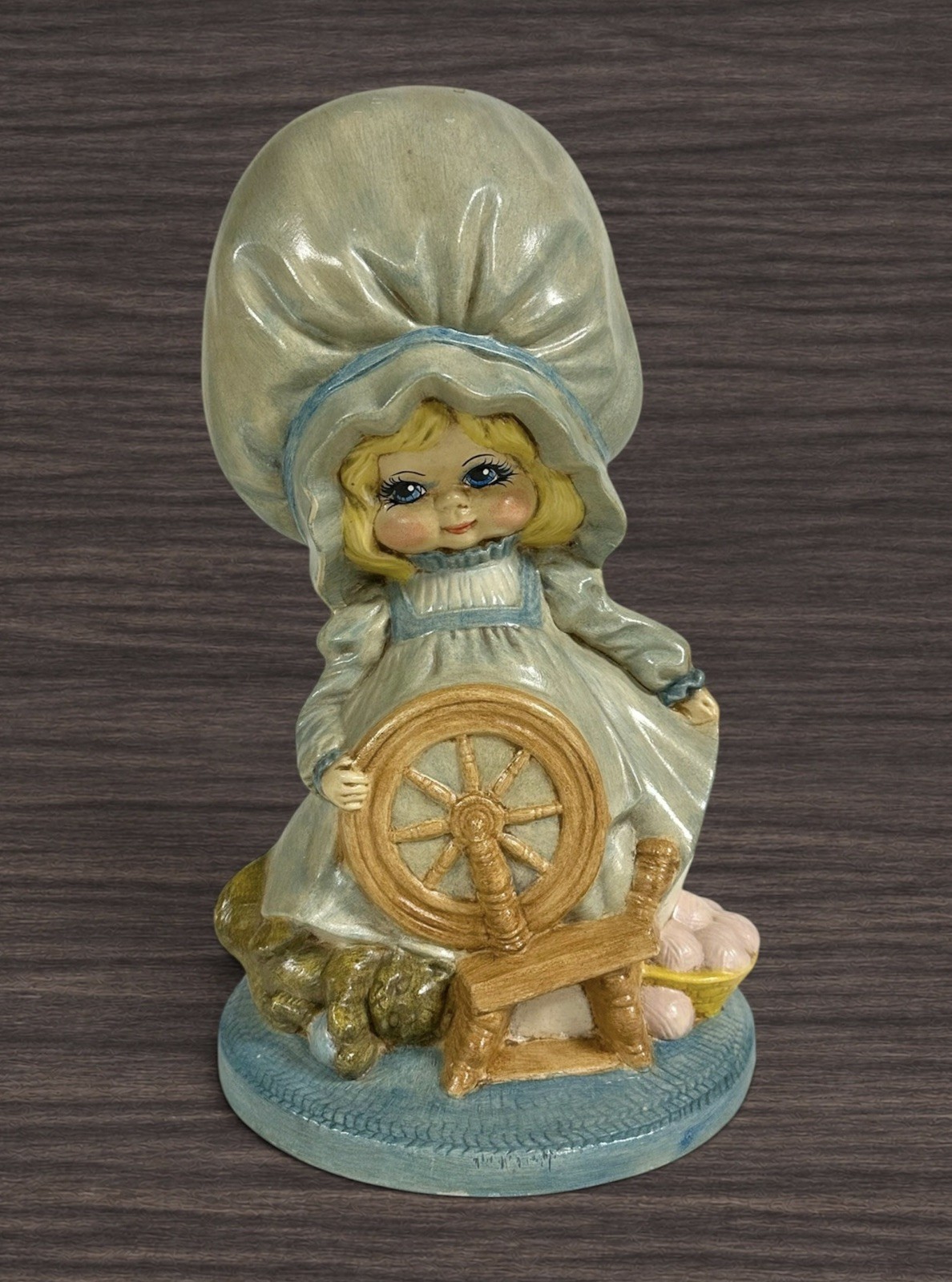 Vintage Hand Painted Ceramic Girl Figurine Spinning Wheel Large Bonnet Decor Vintage Hand Painted Ceramic Girl Figurine Spinning Wheel Large Bonnet Decor
