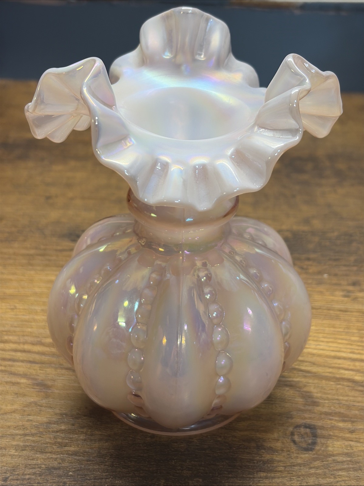 Fenton Iridescent Pink Ruffled Melon Vase