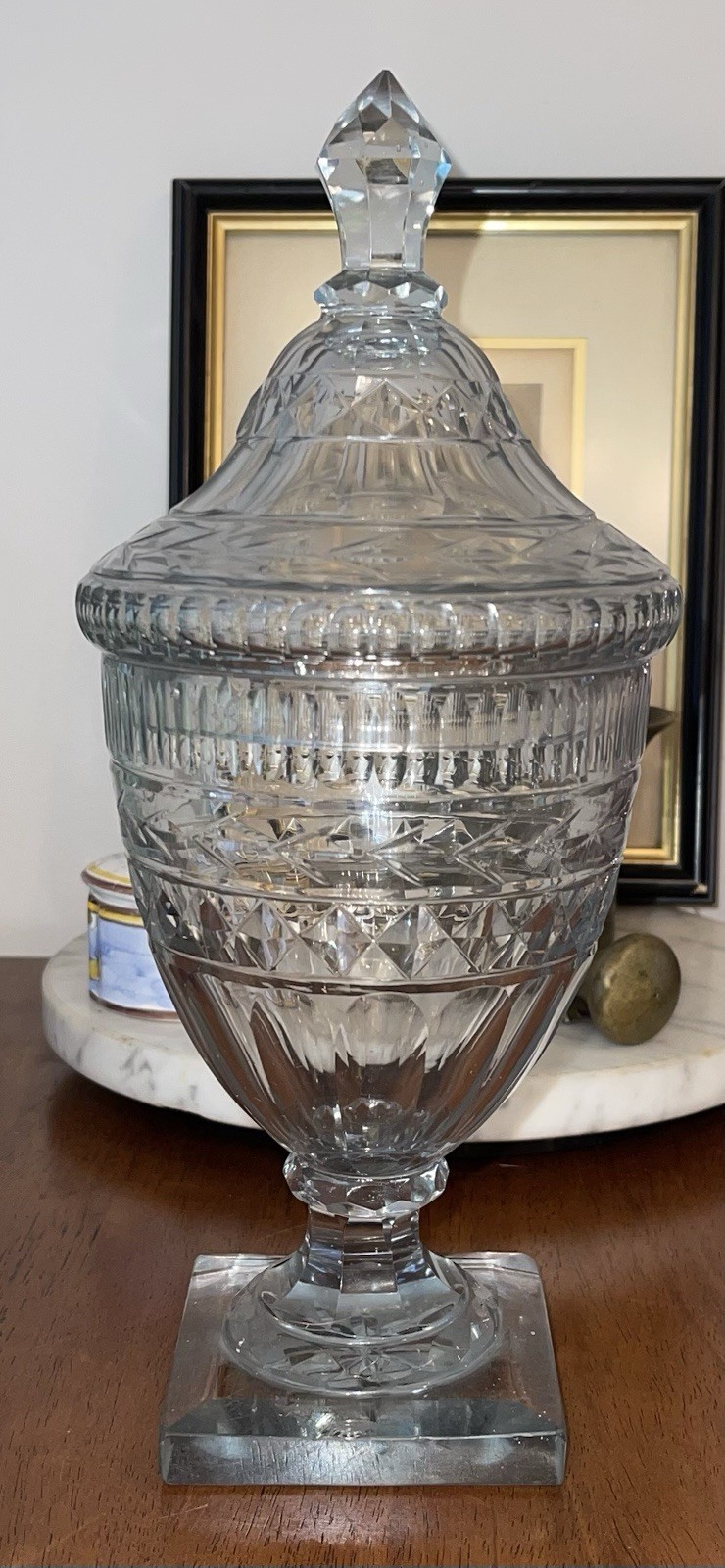Antique 12’ Cut Lead Crystal Covered Urn Georgian Anglo-Irish Sweetmeat Jar 