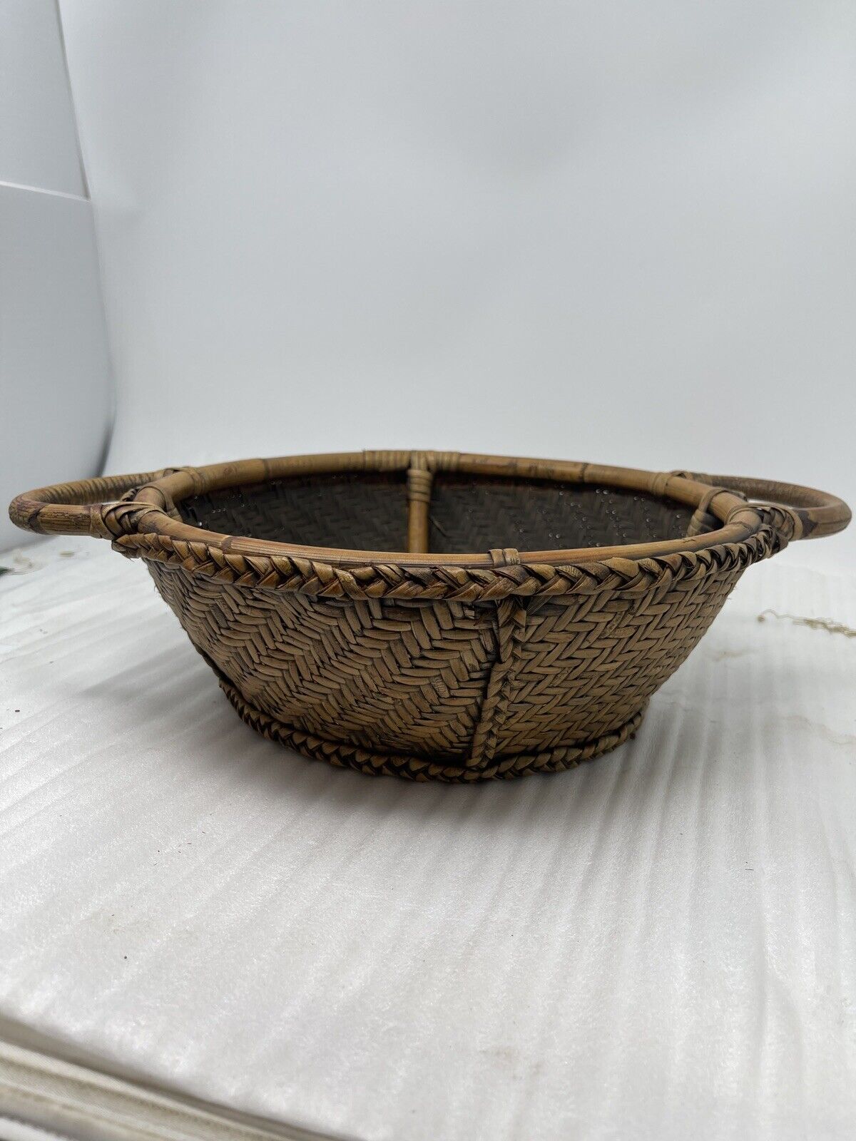 Vintage Solid Sturdy Rattan Bamboo Wicker Tightly Woven Large Two Handled Basket