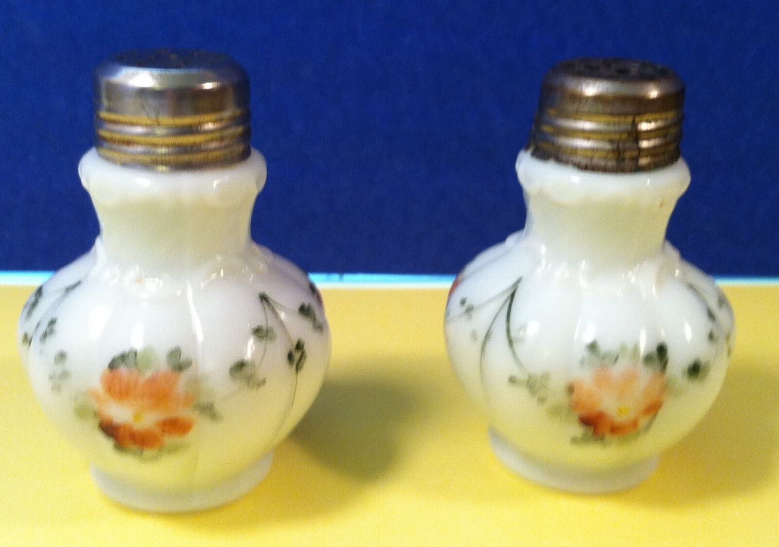 Antique Hand Painted Milk Glass Salt and Pepper Shakers By Dithridge & Co