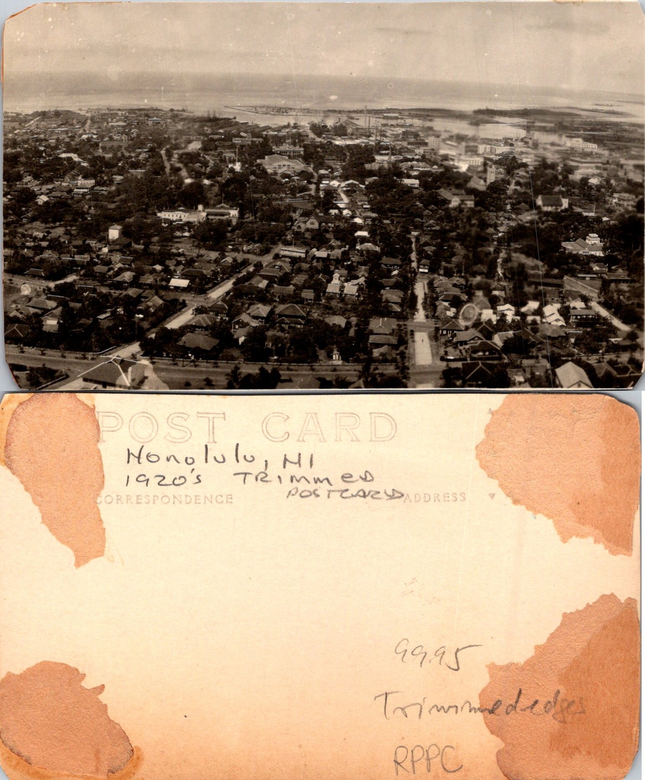 Honolulu HI 1920's Trimmed Postcard, Black White Aerial View RPPC Postcard 72249
