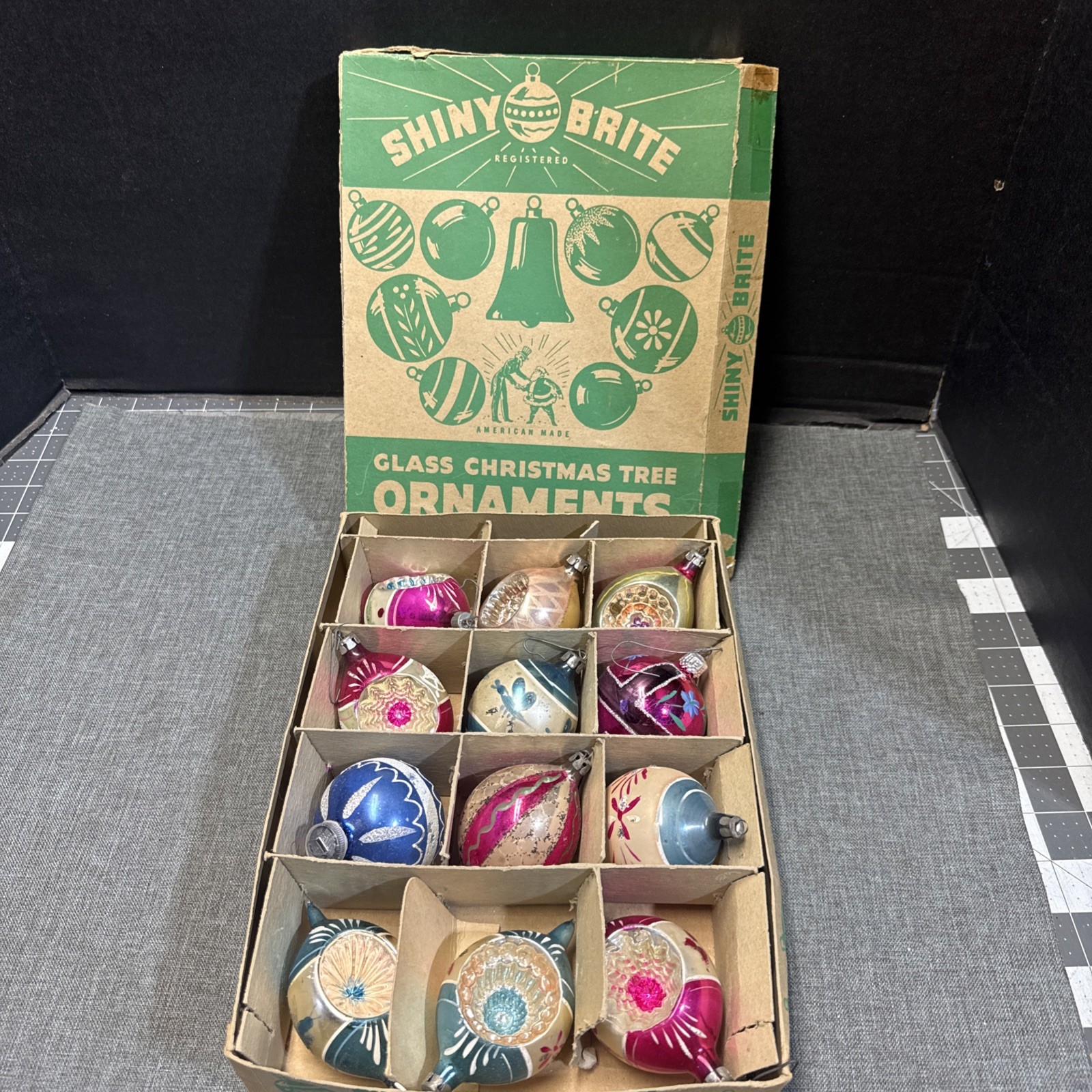 lot of 12 vintage christmas ornaments in box