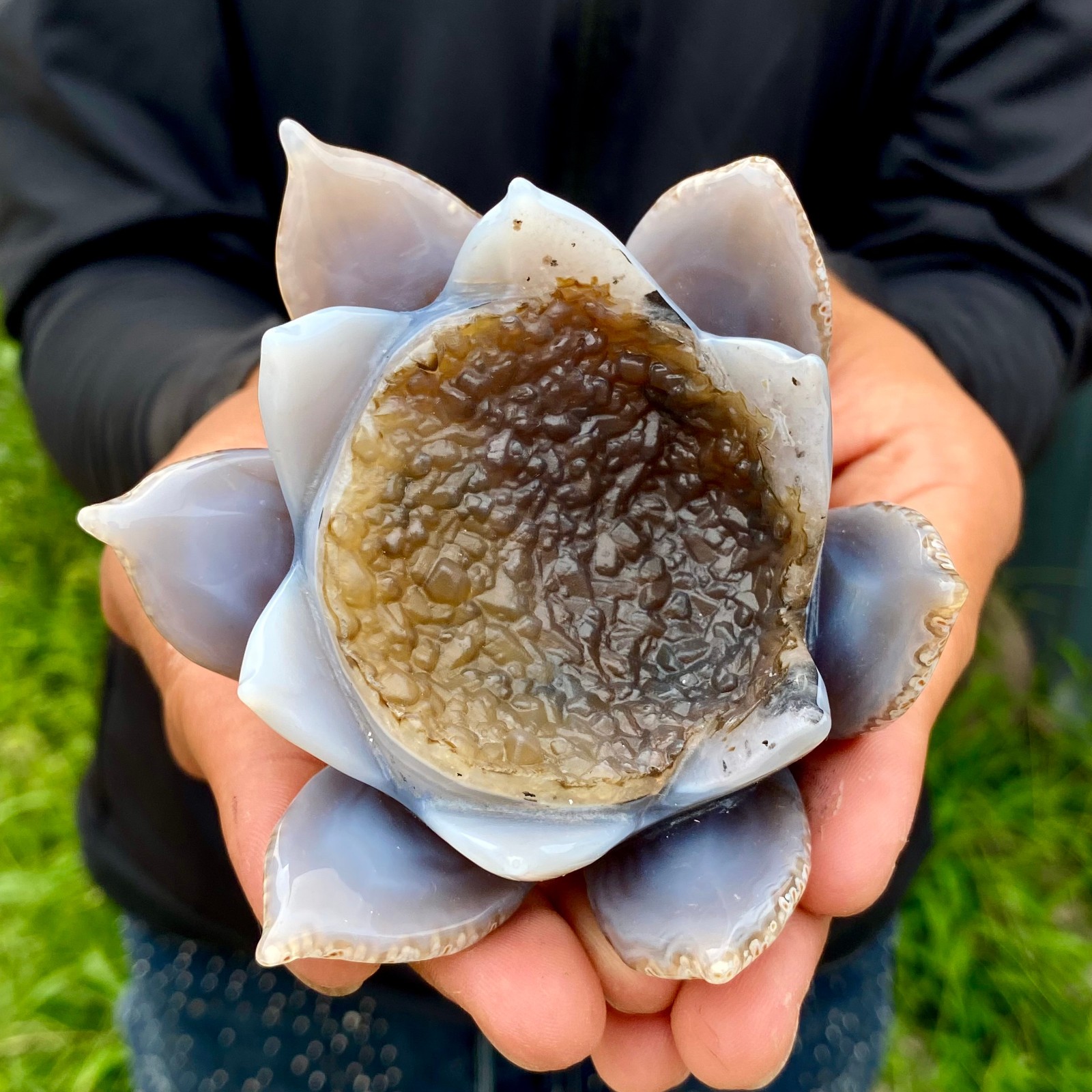 242G Natural Agate Geode Carved Lotus Flower, Hand Carved Healing Crystal Hom