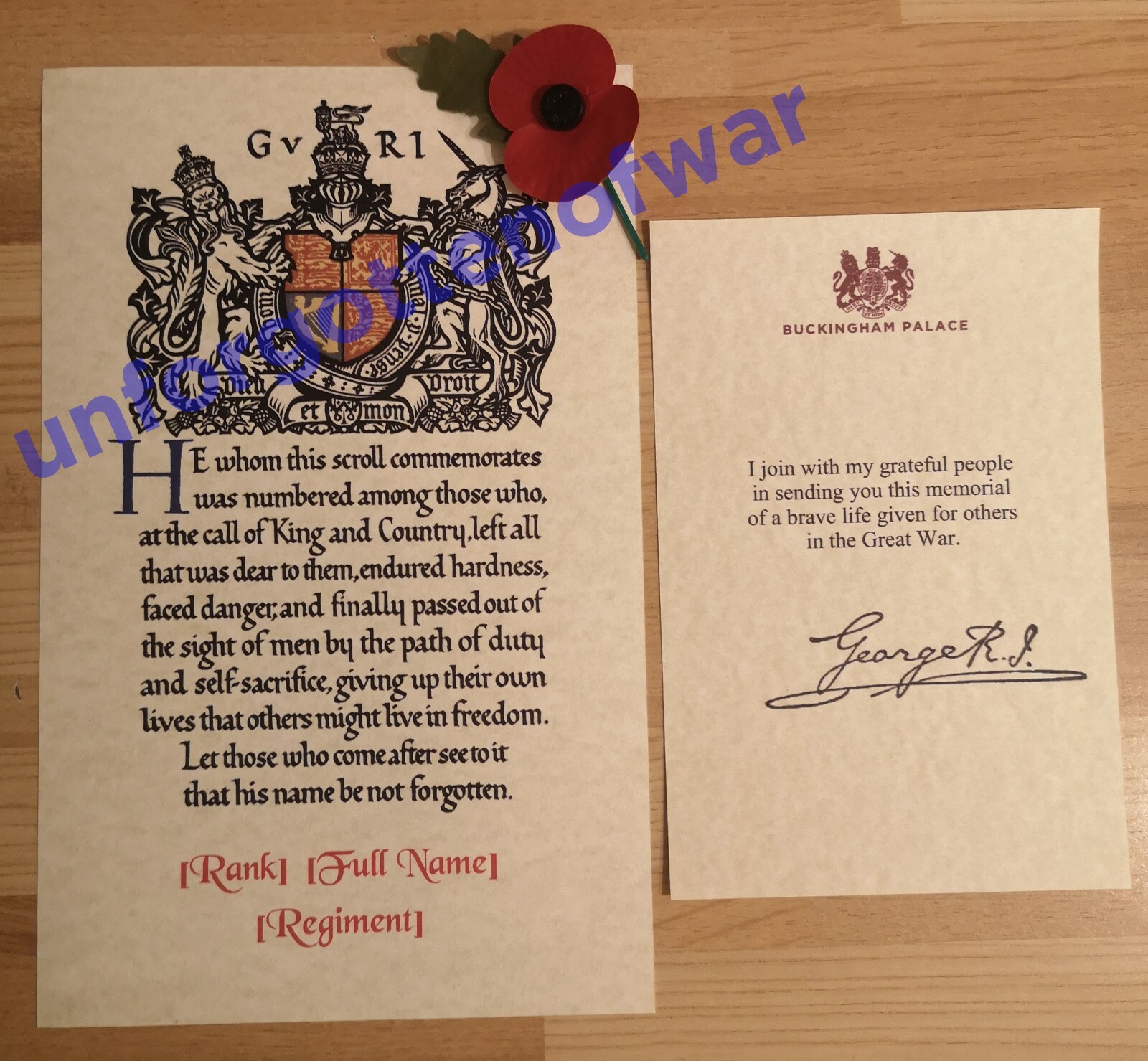 WW1 Memorial Scroll Certificate and King\'s Message | Next of Kin Memorial scroll