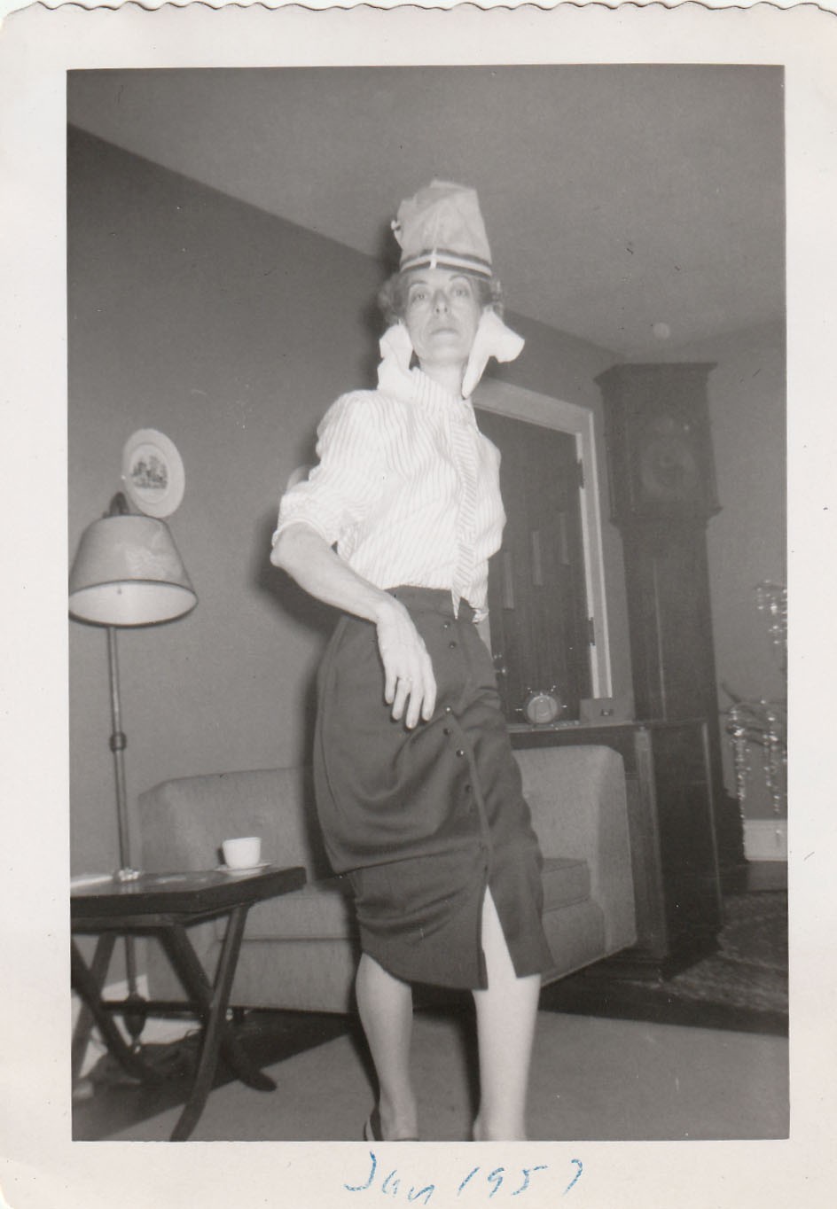 Vintage Photo 1957 Funny Woman Posing Tinsel Christmas Tree Grandfather Clock