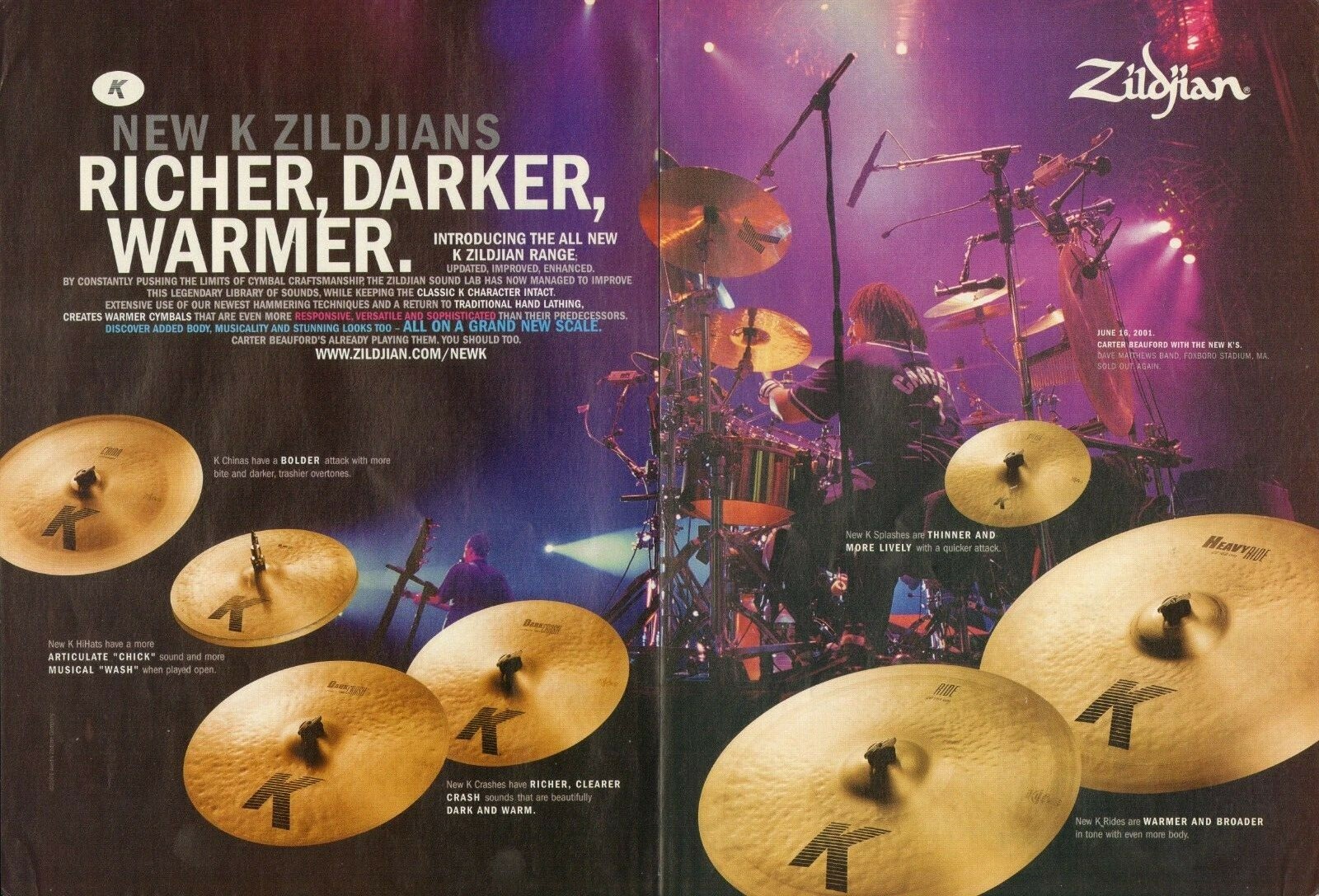 2001 2pg Print Ad of Zildjian K Drum Cymbals Carter Beauford, Dave Matthews Band