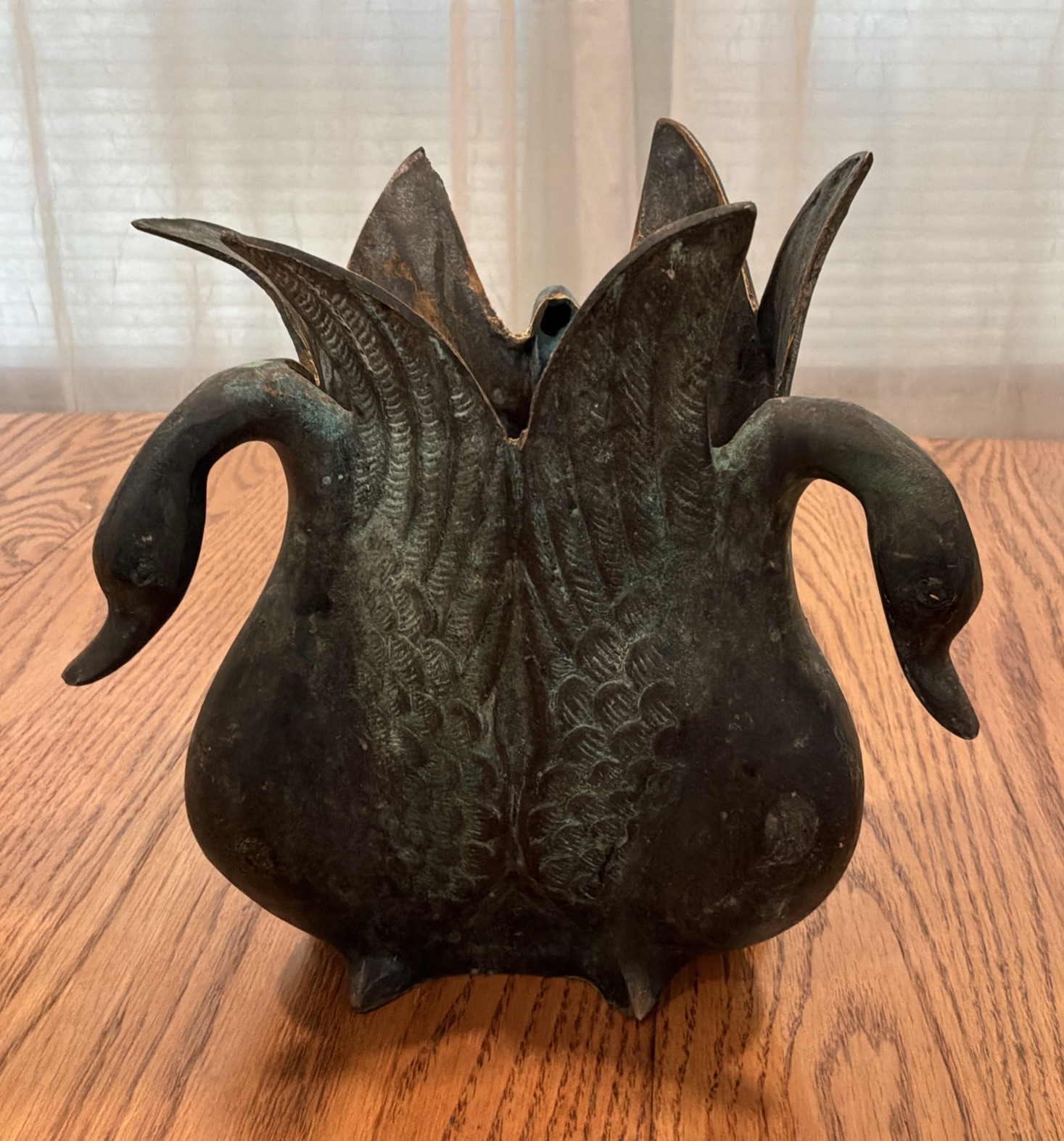 MCM Solid Brass Three Headed Swan Planter ~Rare Vintage 3.5 Lbs. PATINA 8” Tall