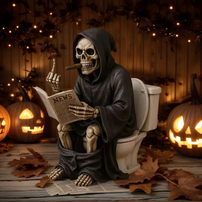Funny Middle Finger Grim Reaper Toilet Statue Halloween Resin Decor