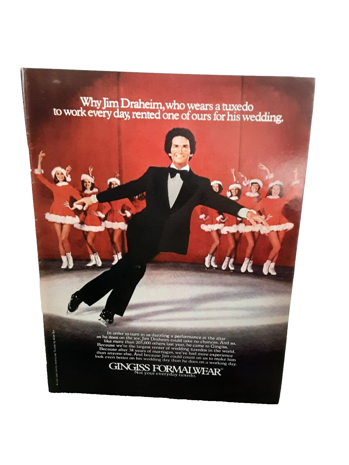 1974 Gingiss Formalwear Jim Draheim Tuxedo Ice Skaters Original Print Ad 70s 1974 Gingiss Formalwear Jim Draheim Tuxedo Ice Skaters Original Print Ad 70s