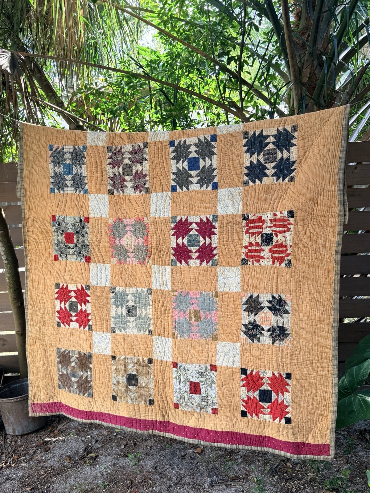Antique Handmade 1890’s Bear Paw Patchwork Quilt 76x64  Cheddar Yellow Calico