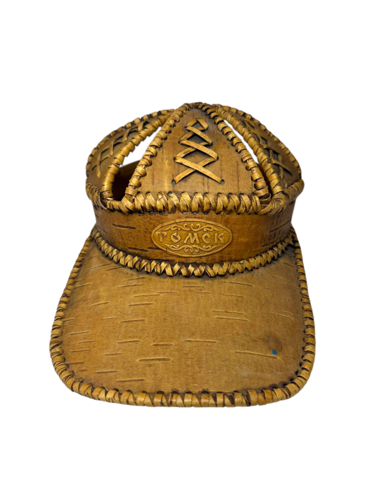 Vintage Handmade Russian Birch Bark Beresta Hat TOMSK Siberia Folk Art Cap